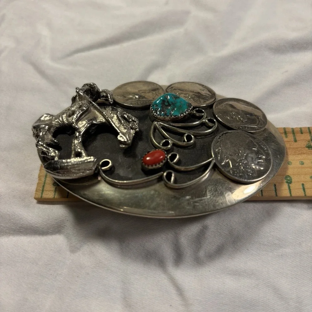 Vintage Belt Buckle With Horse & Rider,Turquoise & Red Coral Silver Tone Buckles
